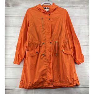 Trina Turk Bright Orange Long Women's‎ Wind Jacket Full Zip Hooded Sz S Overcoat